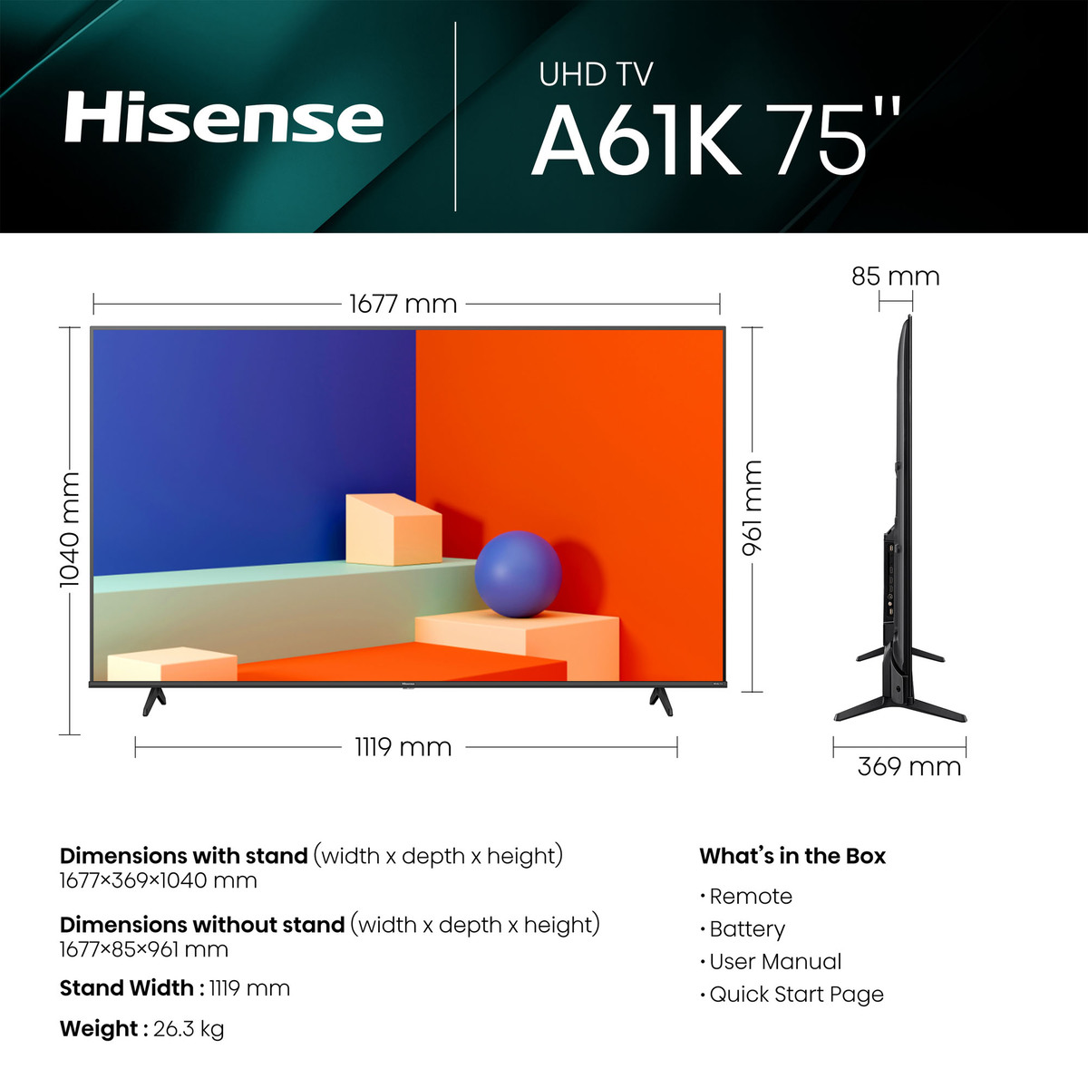 Hisense 75 inches 4K UHD Smart TV, Black, 75A61K