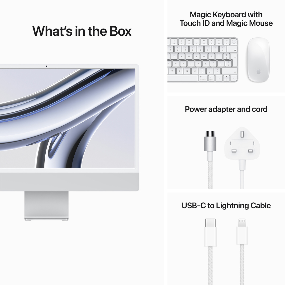 Apple iMac with Retina 4.5K Display, 24 inches, M3 Chip with 8‑core CPU and 10‑core GPU, 8 GB RAM, 512 GB SSD, Silver, MQRK3AB/A