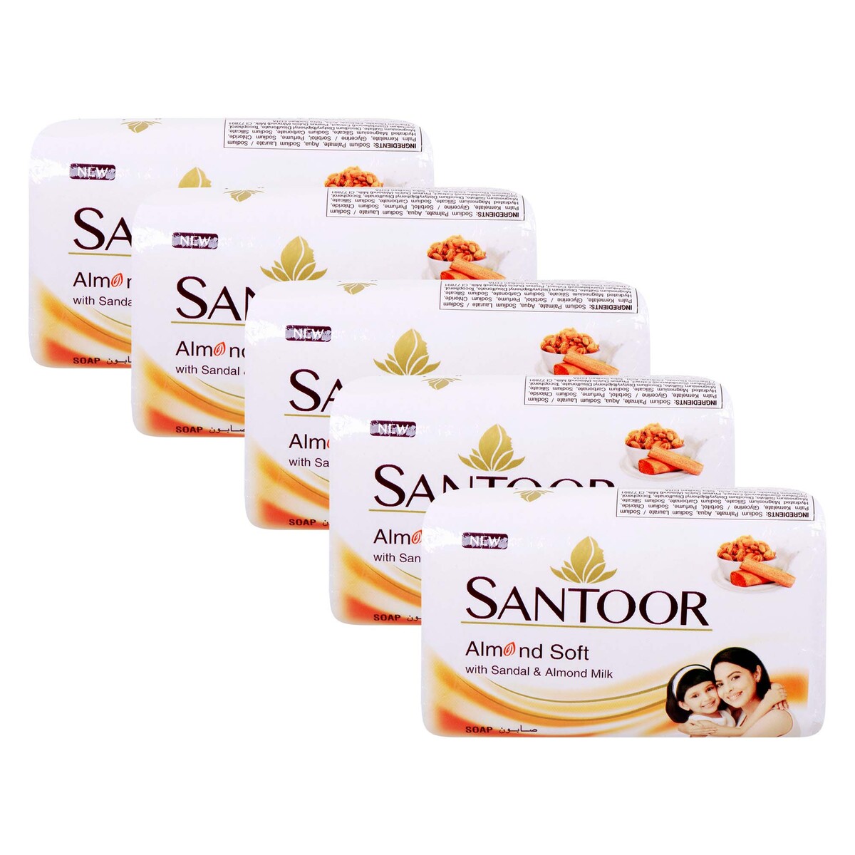 Santoor Bath Soap Almond Soft with Sandal & Almond Milk, 5 x 125 g
