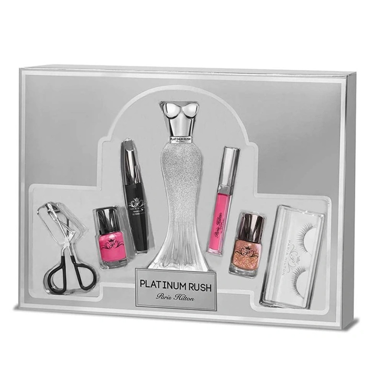 Paris Hilton Platinum Rush 7 pcs Set for Women, EDP 100 ml + Eyelash Curler + Nail Polish 15 ml x 2 + Lip Gloss 3.5 ml + Mascara 10 ml + Eyelashes