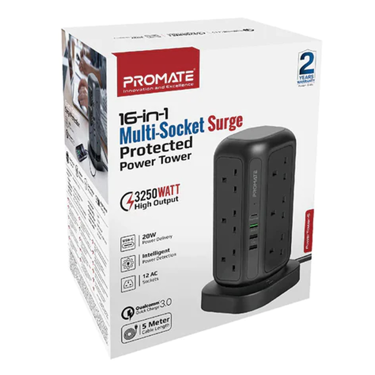 Promate Multi-Socket Surge Protected Power Tower 5