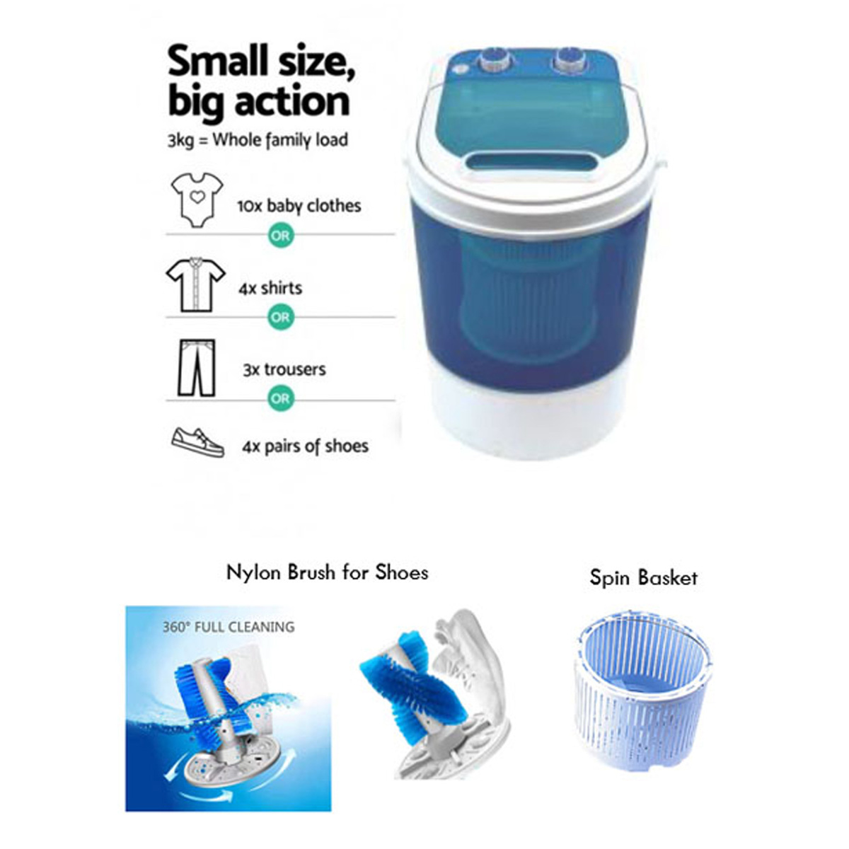 BEC Top Load 2 in1 Clothes & Shoe Mini Washer, 3 kg, Blue, B23MWM3BL