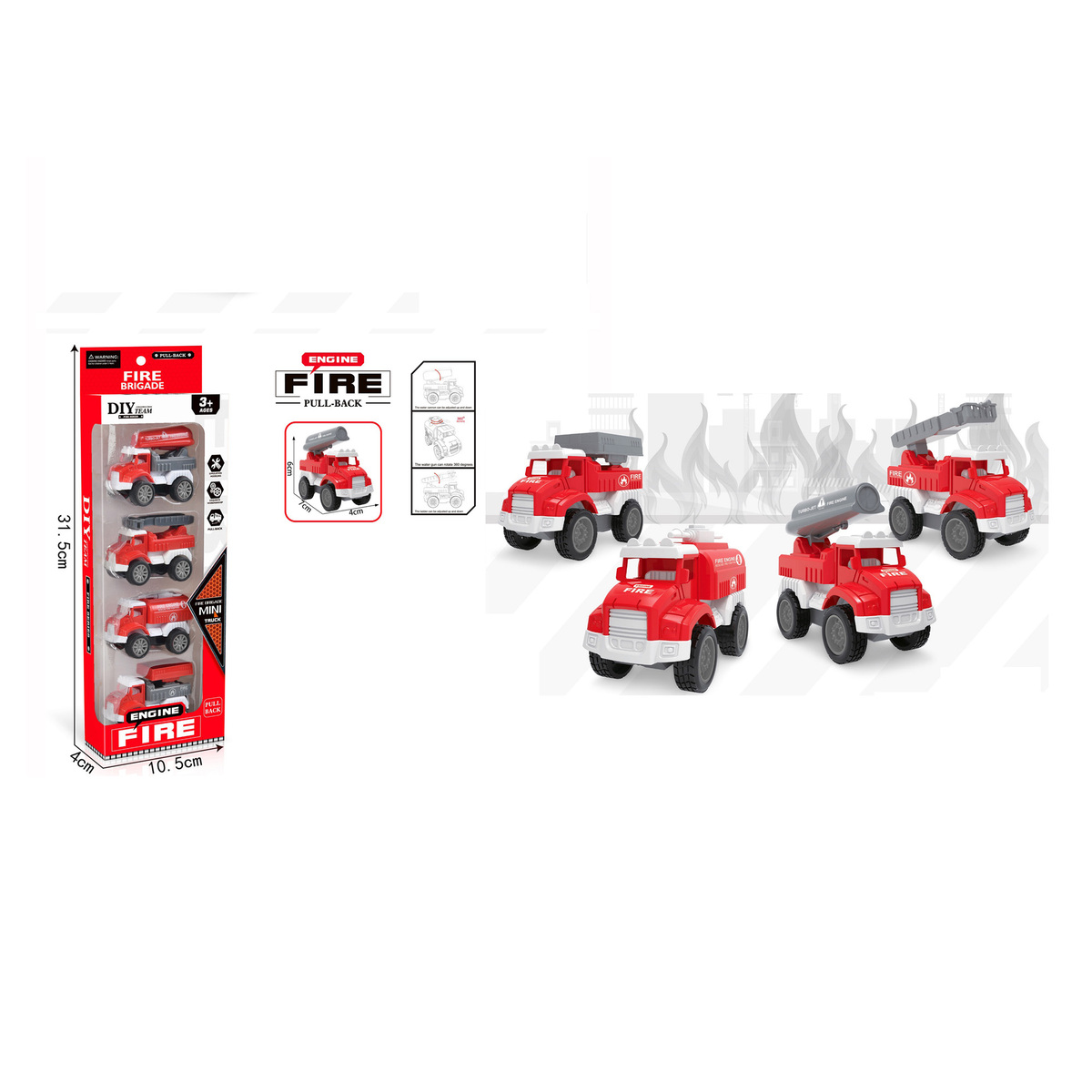 Skid Fusion Pull-Back Fire Truck 4Pes Pack TZ558 Assorted