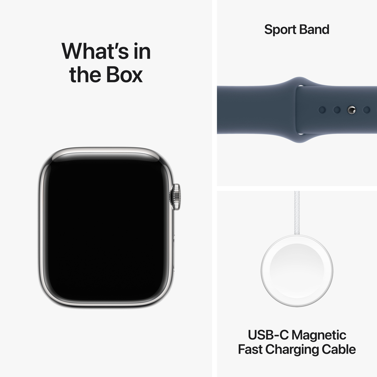 PRE-ORDER Apple Watch Series 9 GPS + Cellular, Silver Stainless Steel Case with Storm Blue Sport Band, 45 mm, S/M, MRMN3