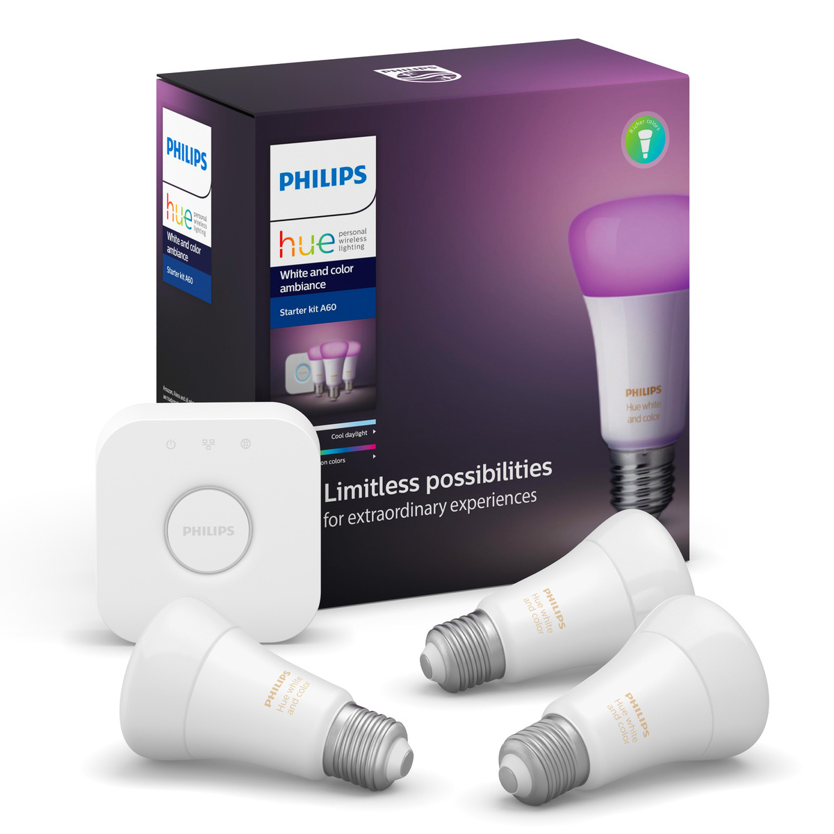 Philips Hue White & Colour Ambiance Led Smart Bulb Starter Kit (3 E27 Smart Bulbs & Hue Bridge), 929002216817