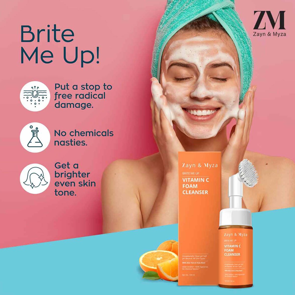 Zayn & Myza Vitamin C Foaming Face Wash with Silicone Cleanser Brush for Glowing Skin, Hyper pigmented & Dull Skin, 100 ml