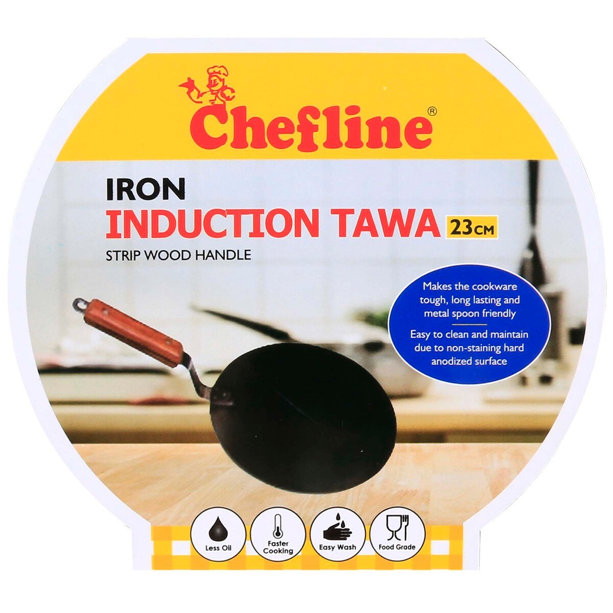 Chefline Iron Induction Tawa with Strip Wooden Handle, 23 cm, Black, IND