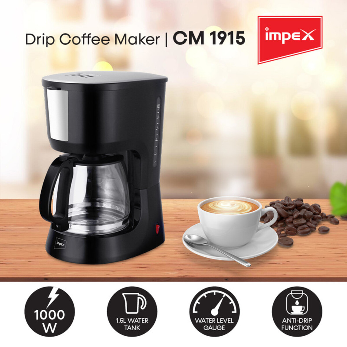 Impex CM 1915 1000 Watts Drip Coffee Maker featuring Anti-Drip Function