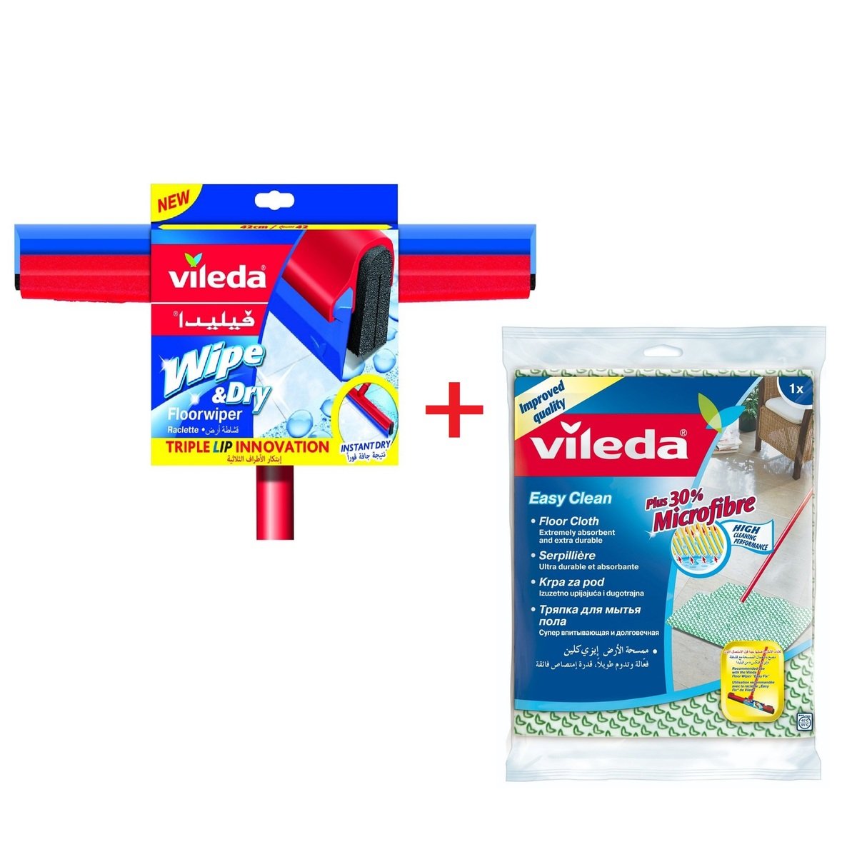 Vileda Wet & Dry Floor Wiper with Stick + Microfibre Cleaning and Drying Cloth