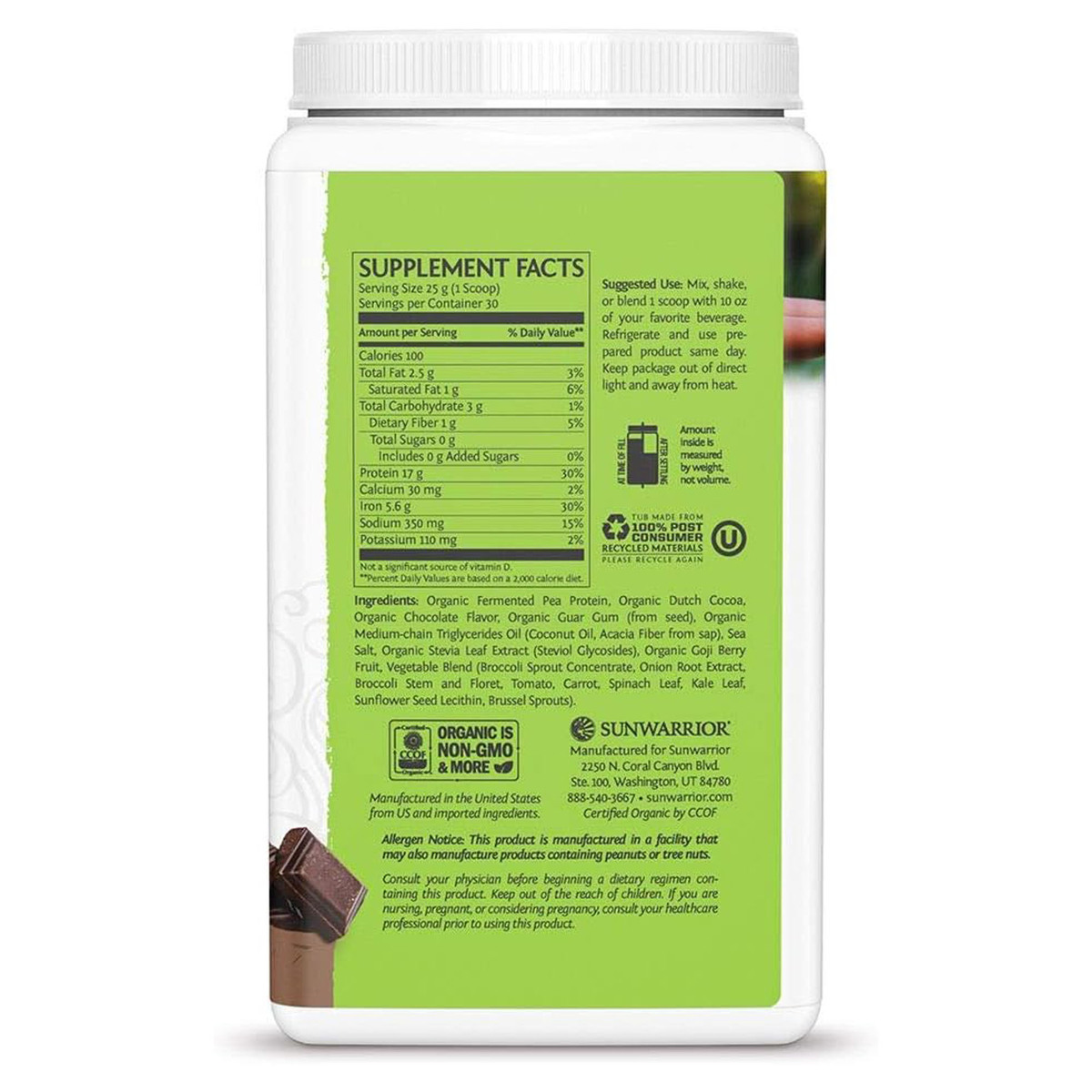 Sunwarrior Chocolate Flavor Clean Greens & Protein Powder Drink Mix, 750 g