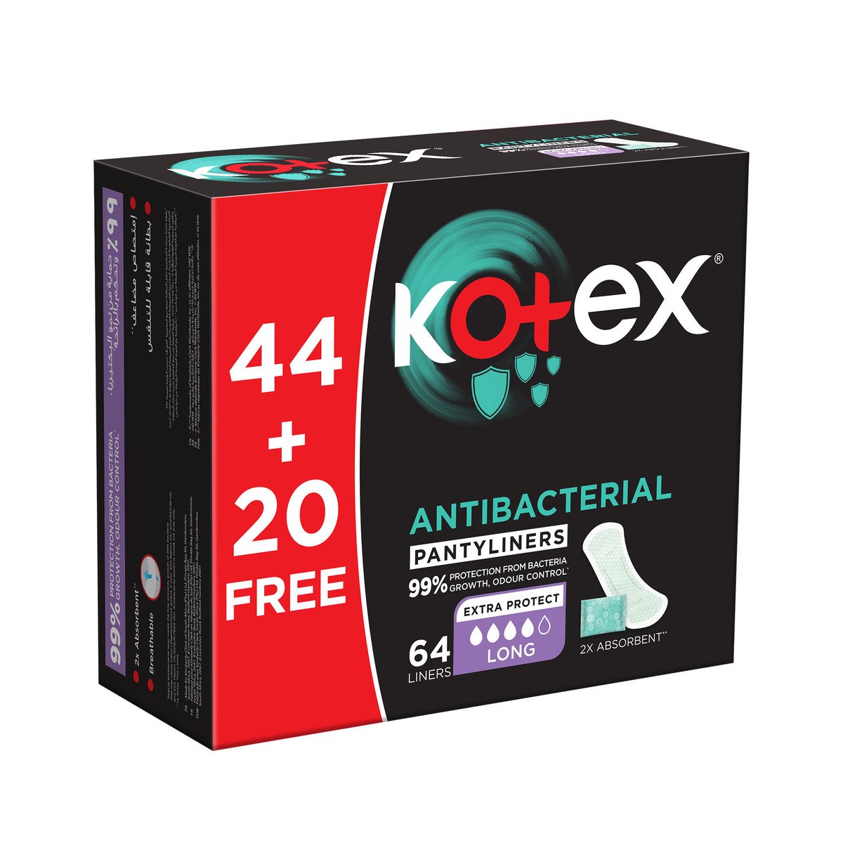 Kotex Antibacterial Panty Liners 99% Protection from Bacteria Growth Long Size 64 pcs