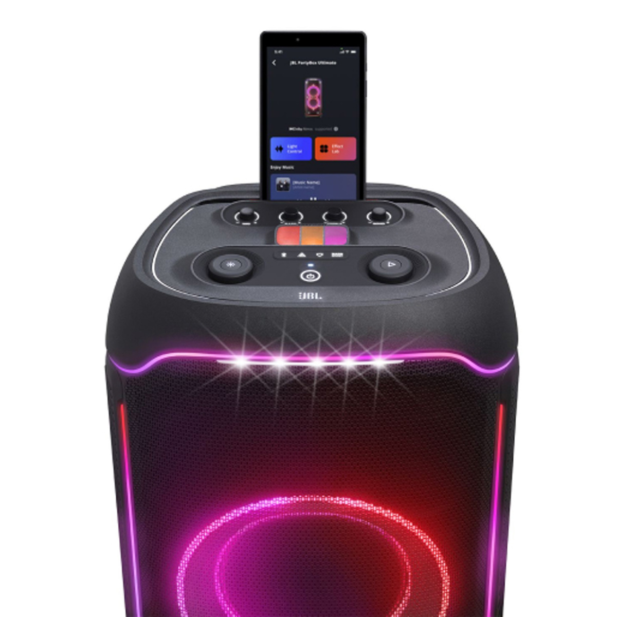 JBL Partybox Ultimate Massive party speaker with powerful sound, multi-dimensional lightshow, and splashproof design.