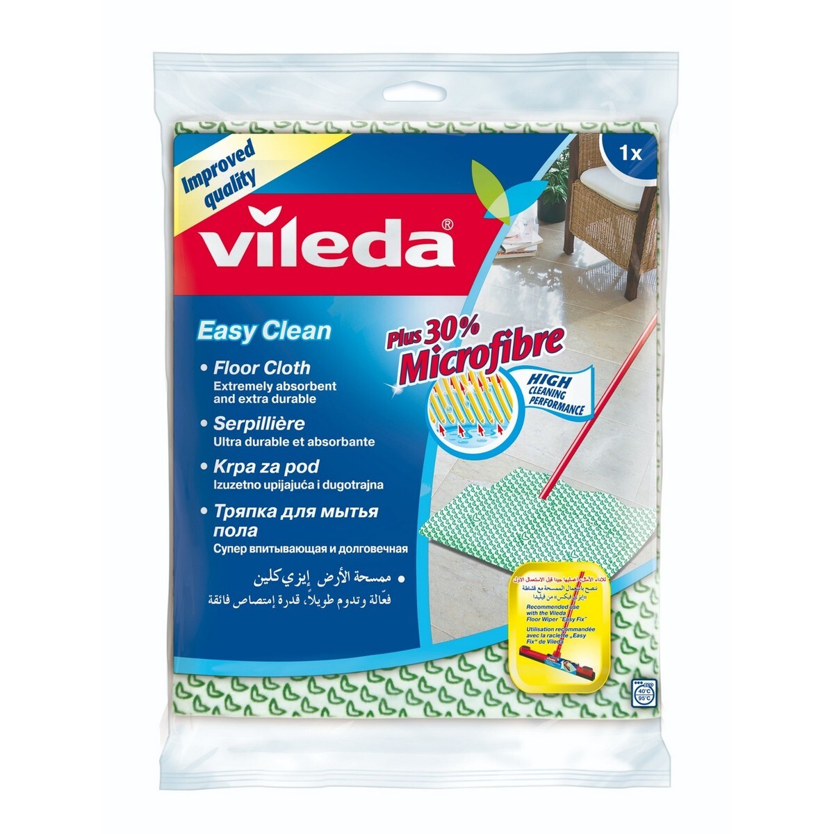 Vileda Wet & Dry Floor Wiper with Stick + Microfibre Cleaning and Drying Cloth