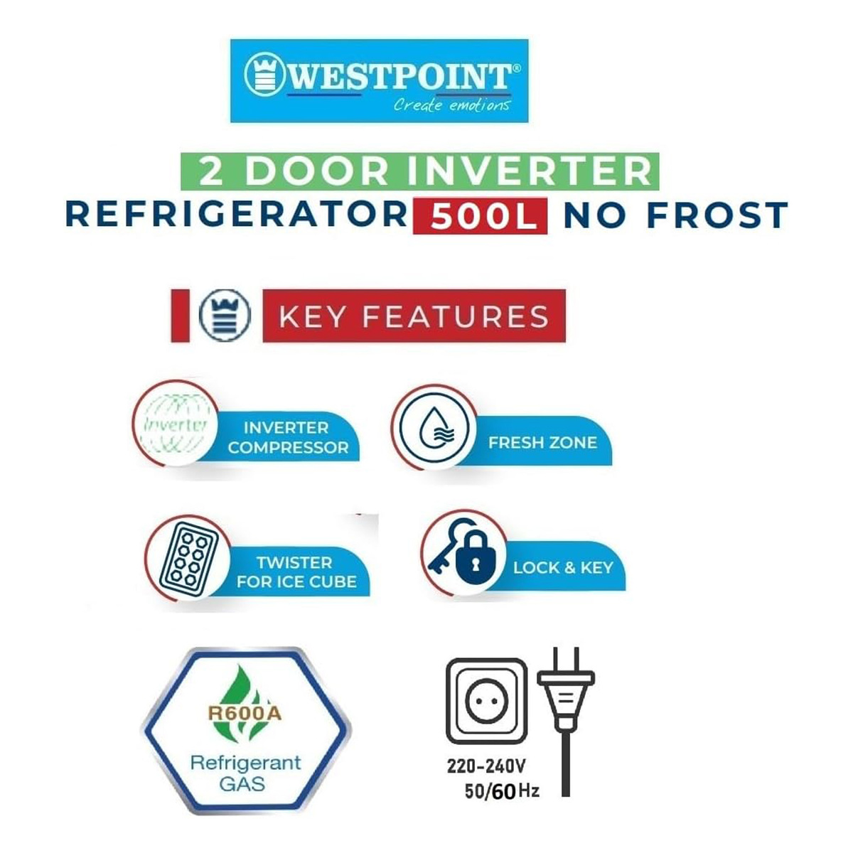Westpoint Double Door No Frost Refrigerator, 440 L, Silver, WNN-5019EIV