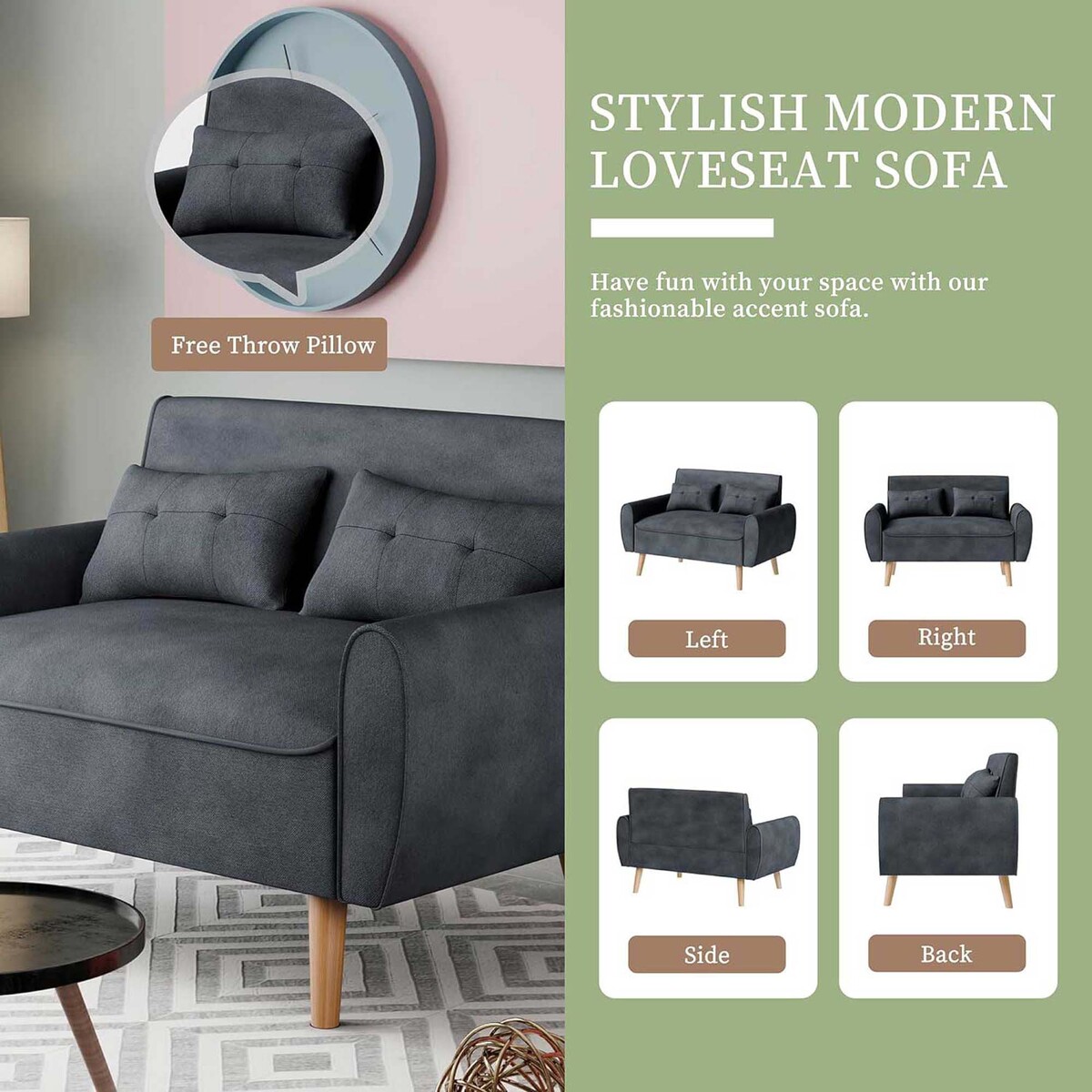 Chic Noir, Light Grey  2-Seater Sapce Saving Tufted Love Seat with Back Cushions and Tapered Wood Legs for Living Room