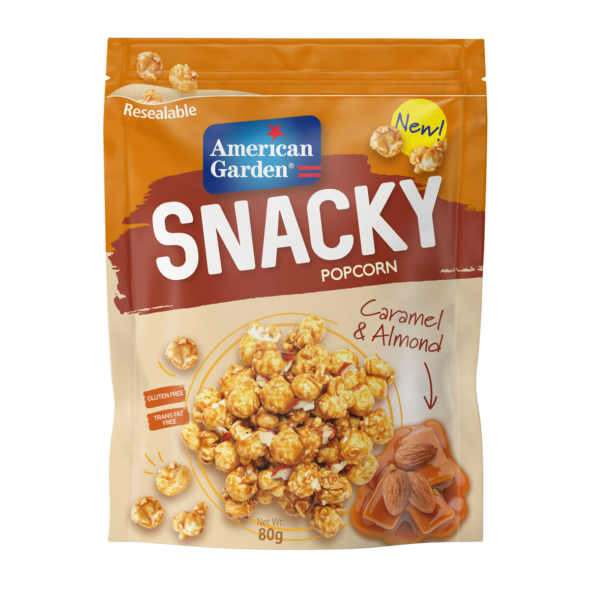 American Garden Snacky Ready-To-Eat Caramel & Almond Popcorn Gluten Free, 80 g