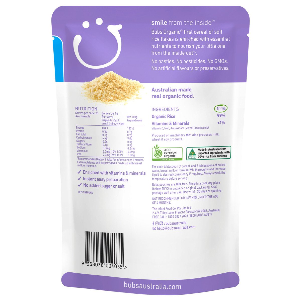 Organic Bubs Baby Rice Cereal For 4+ Months 125 g