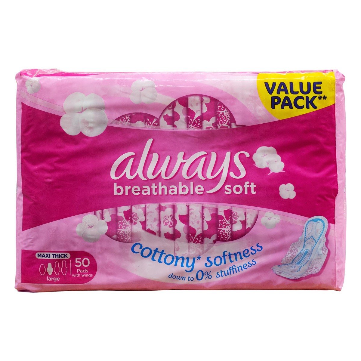 Buy Always Breathable Soft Maxi Thick Large Sanitary Pads With Wings 50 pcs Online at Best Price | Sanpro Pads | Lulu KSA in Saudi Arabia