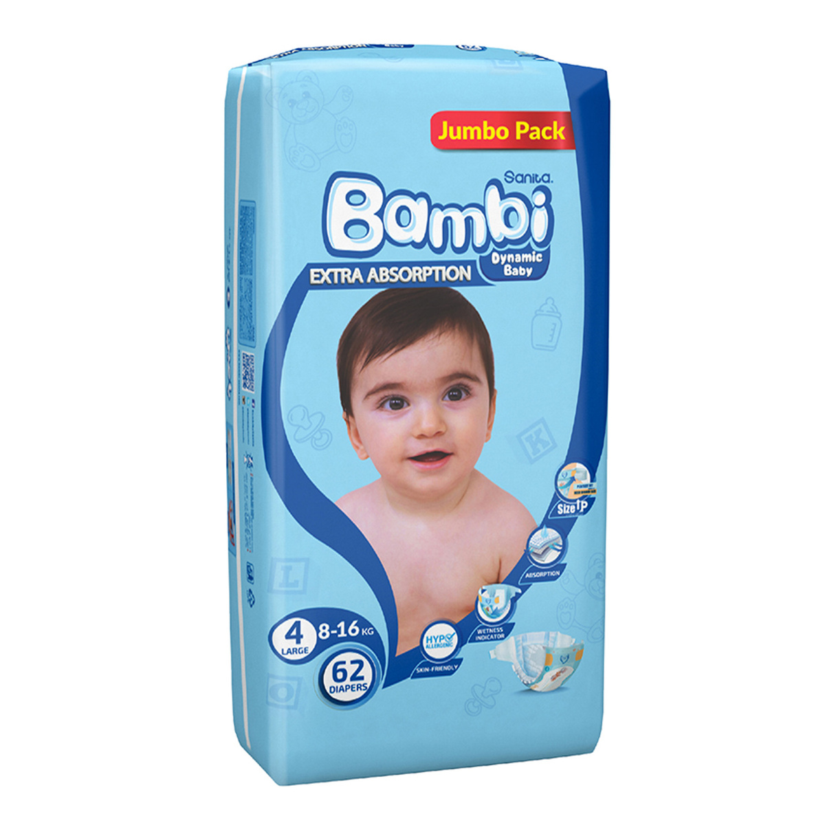 Sanita Bambi Baby Diaper Jumbo Pack Size 4 Large 8-16kg 62 pcs