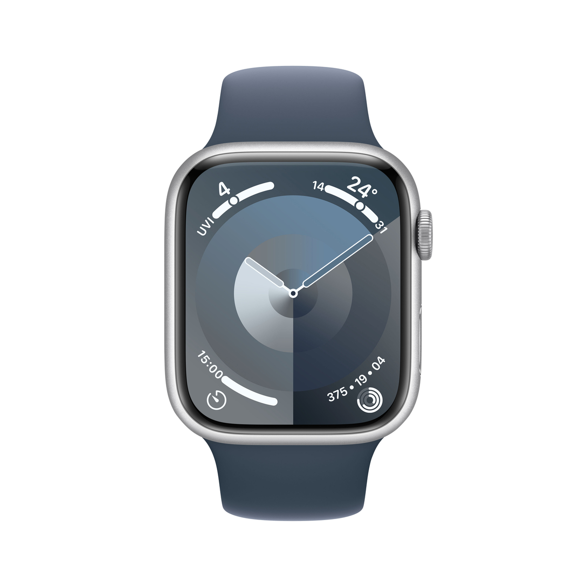 Apple Watch Series 9 GPS, Silver Aluminium Case with Storm Blue Sport Band, 45 mm, M/L, MR9E3QA/A