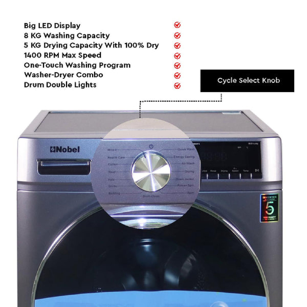 Nobel 8/5 Kg Front Load Washer Dryer, Dark Silver, NWM860FS
