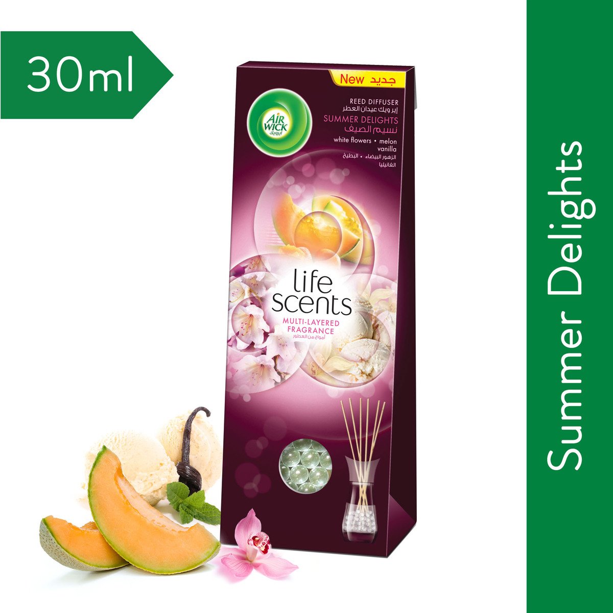 Airwick Life Scents Multi-Layered Fragrance Reed Diffuser Summer Delights (White flowers Melon & Vanilla) 30 ml
