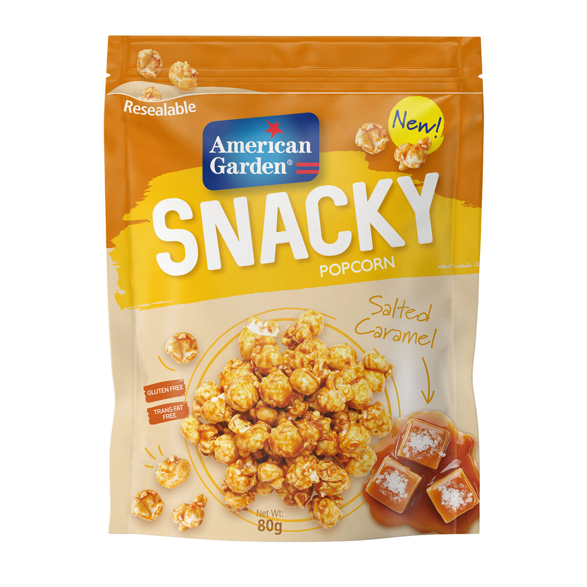 American Garden Snacky Ready-To-Eat Salted Caramel Popcorn Gluten Free, 80 g