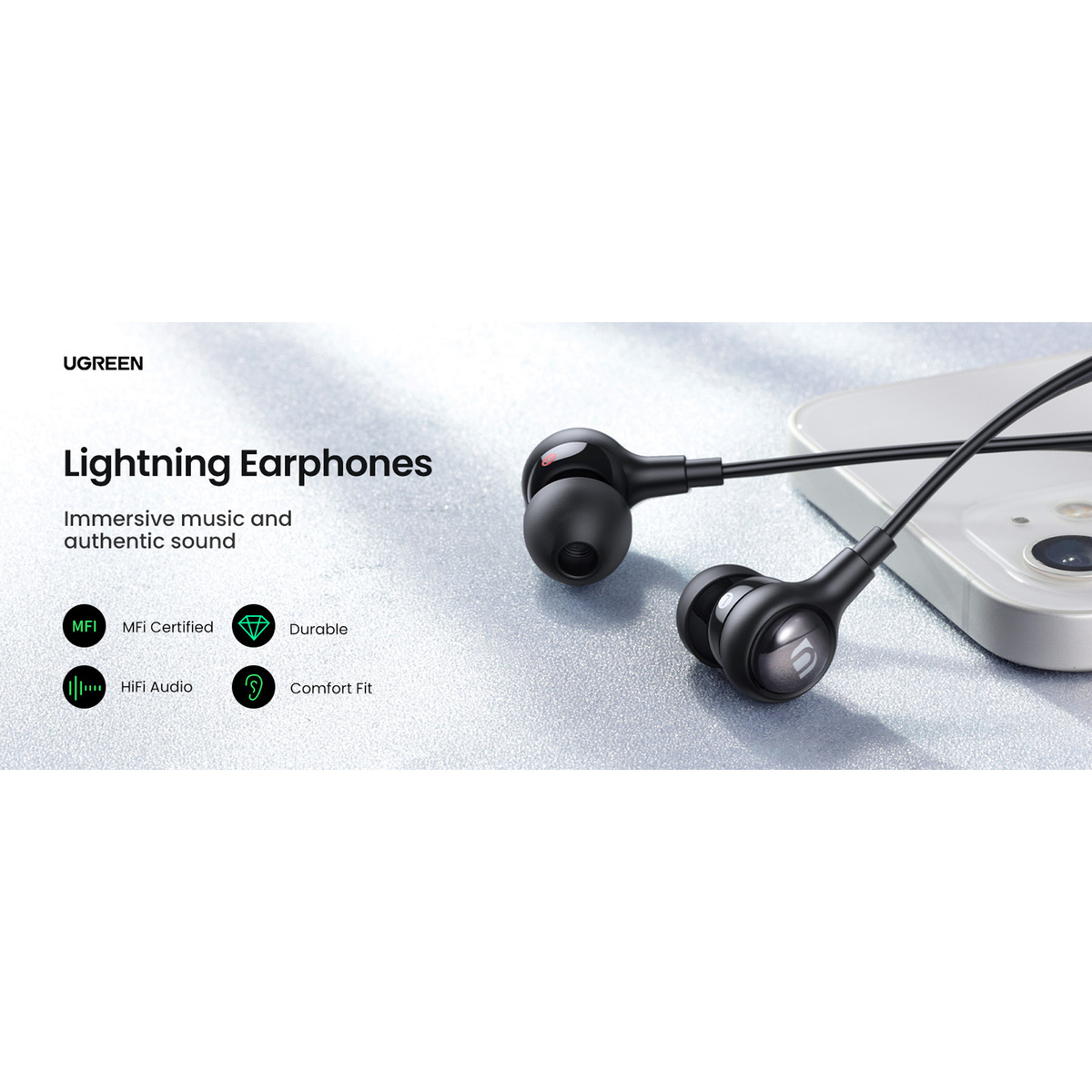 Ugreen In-Ear Earphones with Lightning Connector, Black, 30631