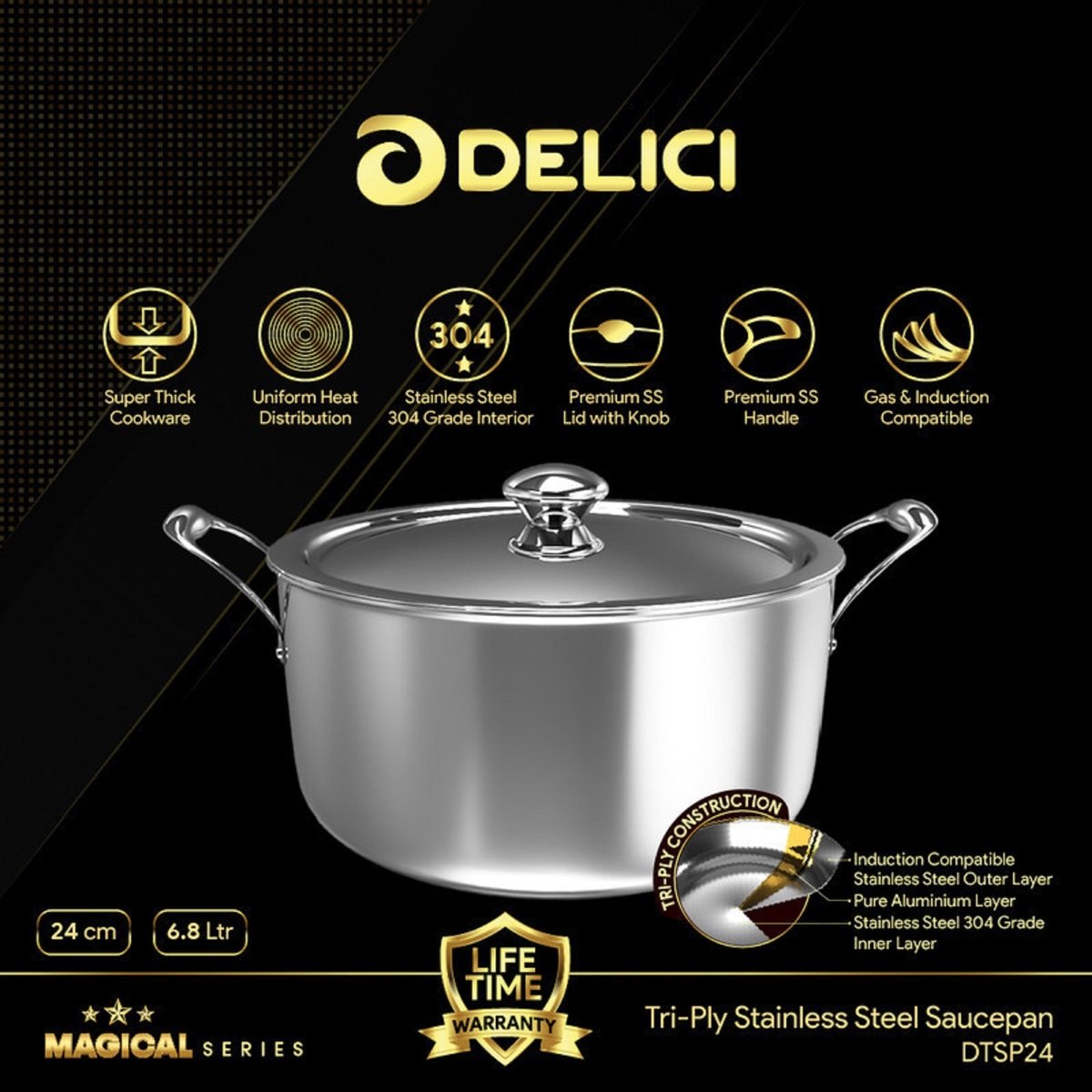 Delici Stainless Steel Triply Dutch Oven 24cm Magical