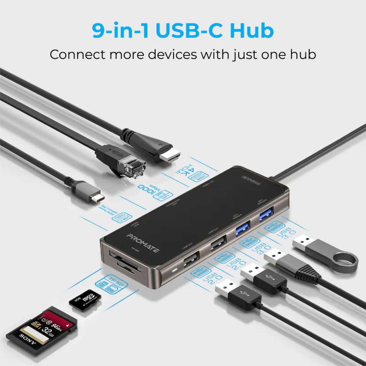 بروميت موزع USB-C صغير الحجم متعدد المنافذ 9 في 1 مزود بتوصيل طاقة 100 واط PRIMEHUB-GO