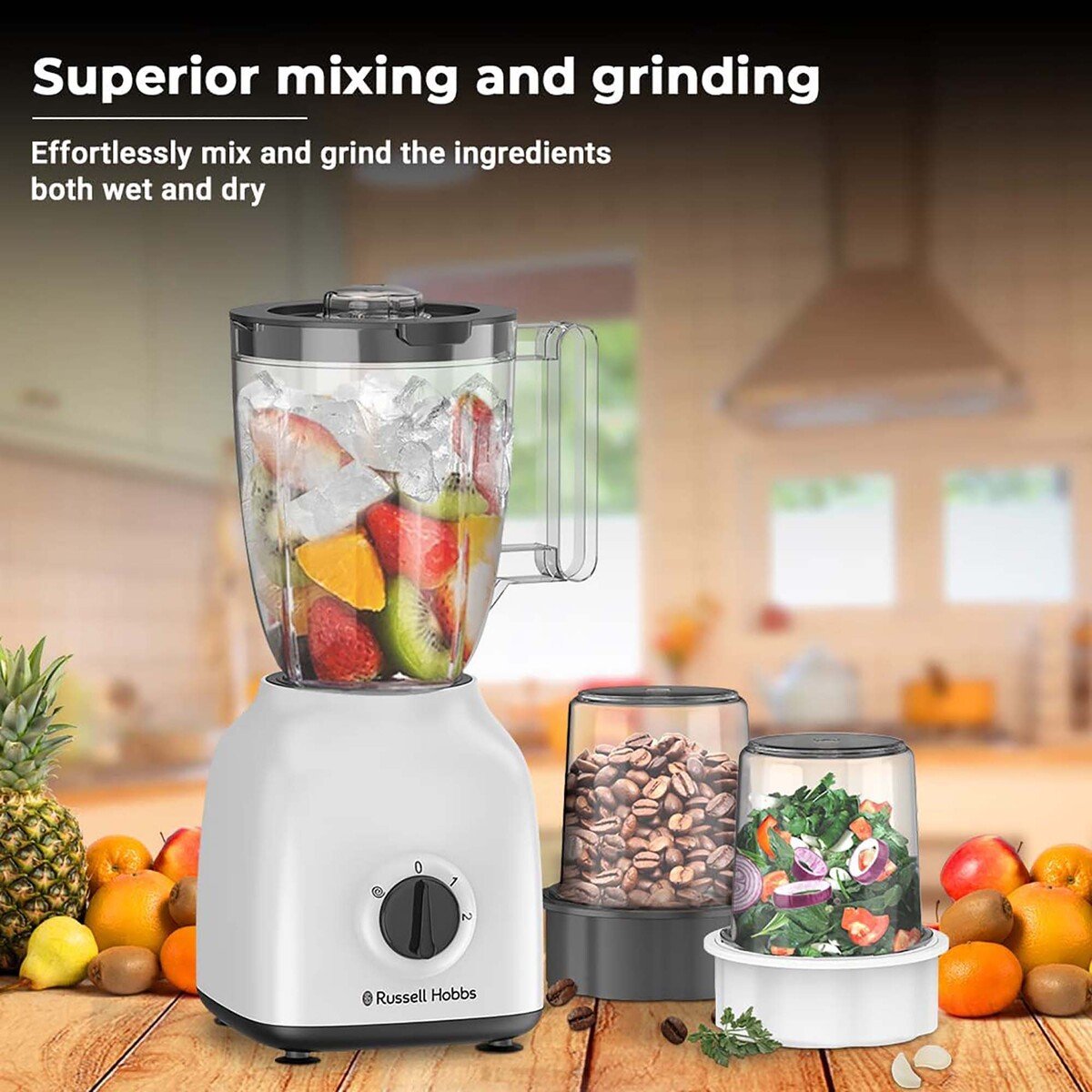 Russell Hobbs 400W 3 in 1 Blender With 2 Mill, Speeds & Pulse Function, White, BWM102