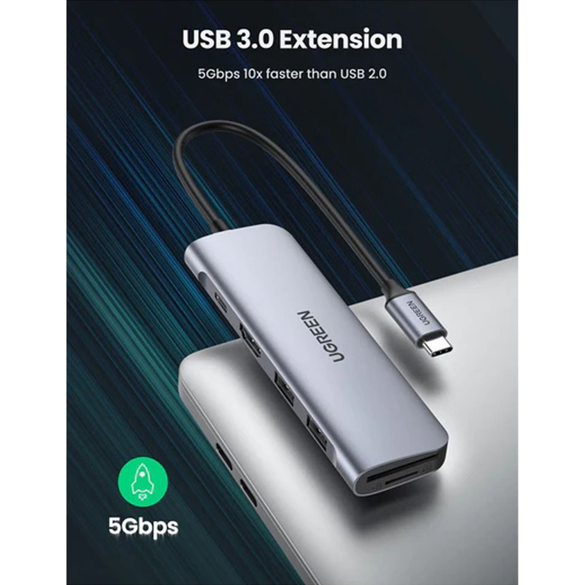 موزع يو جرين 6 في 1 USB-C، 2 × USB 3.0 + HDMI+ TF/SD مع مصدر طاقة 5 جيجابت في الثانية 4K PD، رمادي، CM195-70411B
