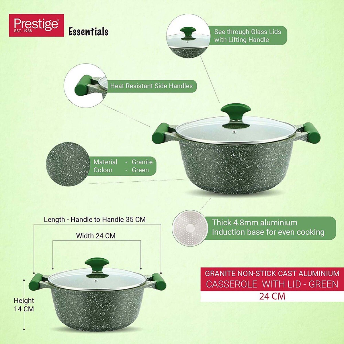 Prestige Essentials Granite Non-Stick Cast Aluminium Casserole with Lid, 24 cm, Green, PR81109