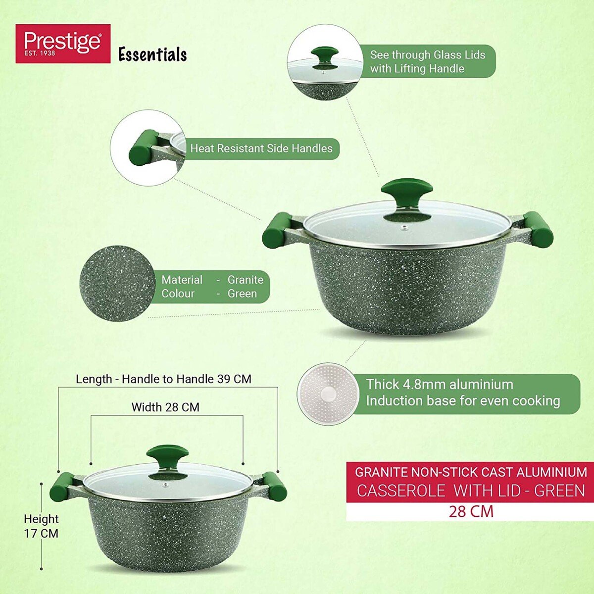Prestige Essentials Granite Non-Stick Cast Aluminium Casserole with Lid, 28 cm, Green, PR81111