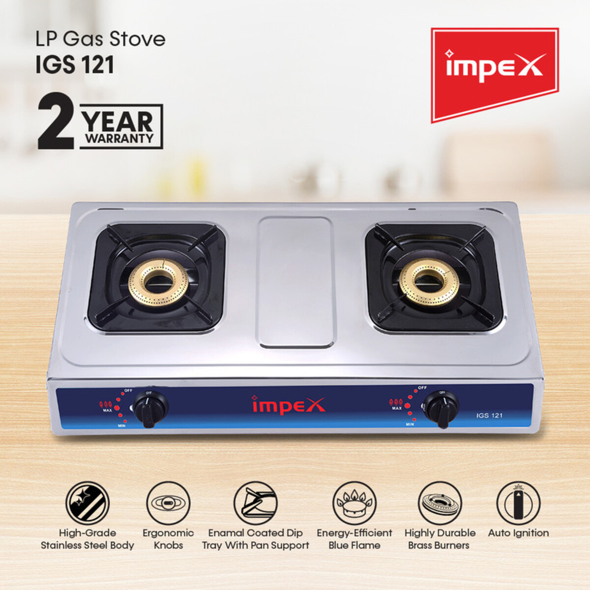 Impex IGS 121 2 Burner LP stainless steel body Gas Stove