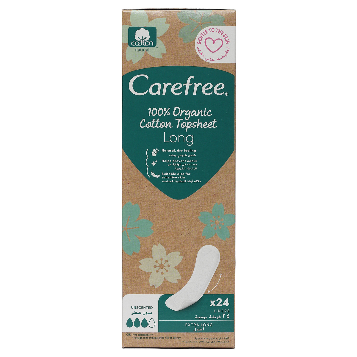 Carefree Organic Cotton Topsheet Long Pantyliners, 24 pcs