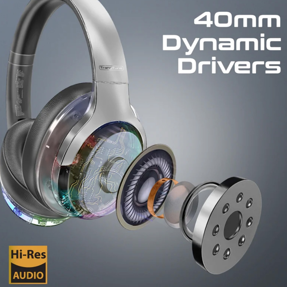 Promate Transtune Hi-Fi Stereo Wireless Over-Ear Headphones, Silver