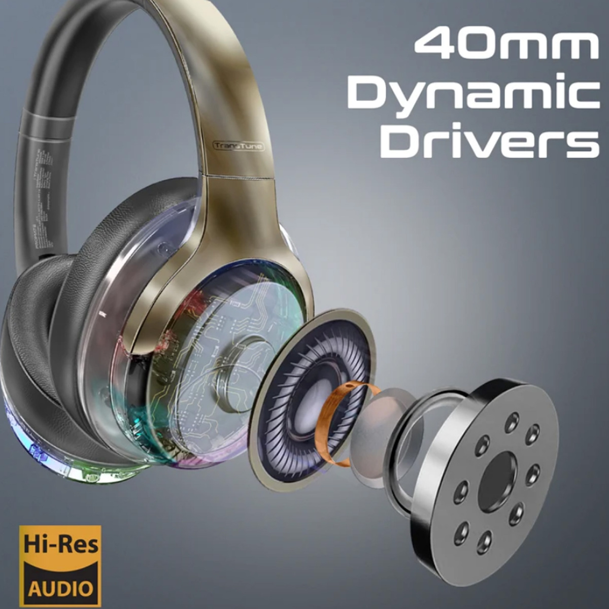 Promate Transtune Hi-Fi Stereo Wireless Over-Ear Headphones, Gun Metal