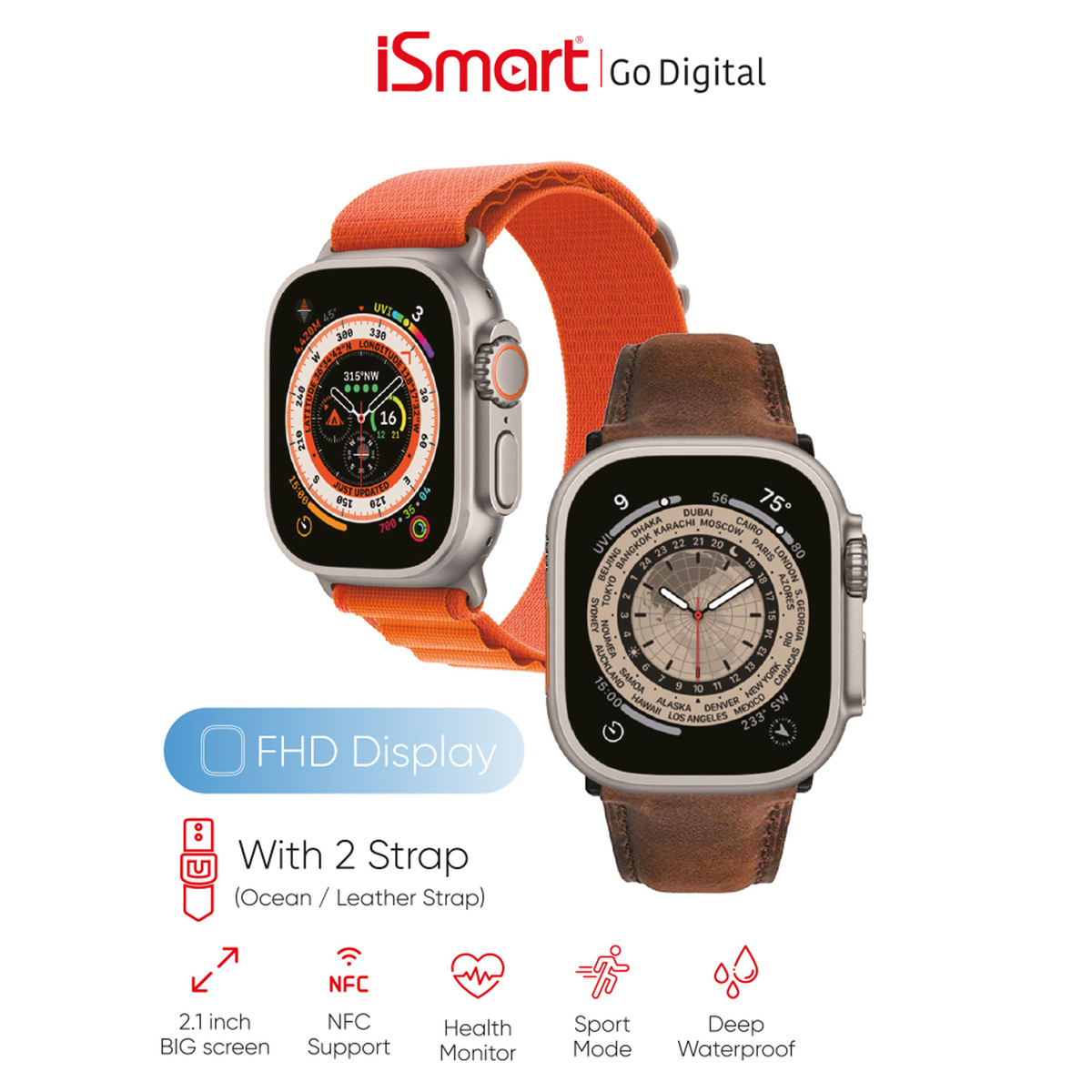 I Smart FHD Display Smart Watch Ultra, Assorted, 2.1 inches, IS-U8PRO