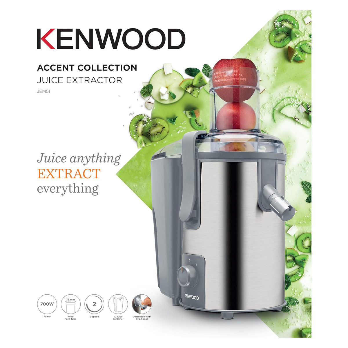 Kenwood Stainless Steel Juice Extractor, 700 W, 1.5 L, Grey/Silver, JEM51.000GS