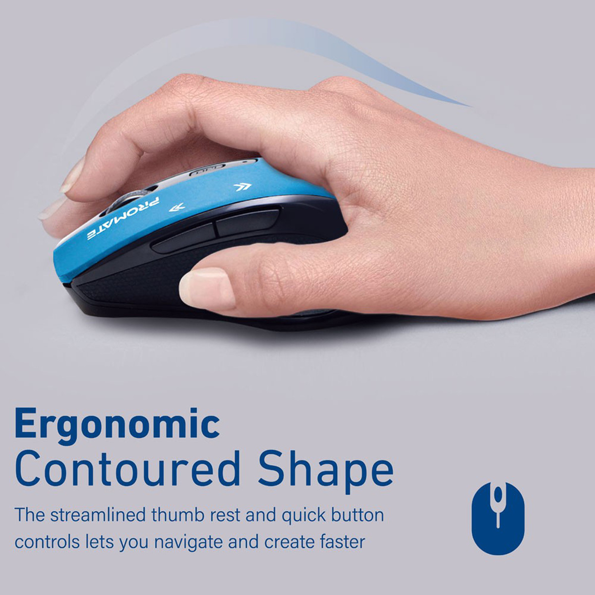 Promate EZGrip Ergonomic Wireless Mouse, Blue, Cursor