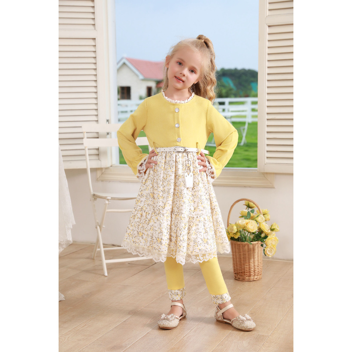 دي بيكرز طقم ملابس بناتي بأكمام طويلة ، H6077 ، أصفر ، 5-6 سنوات