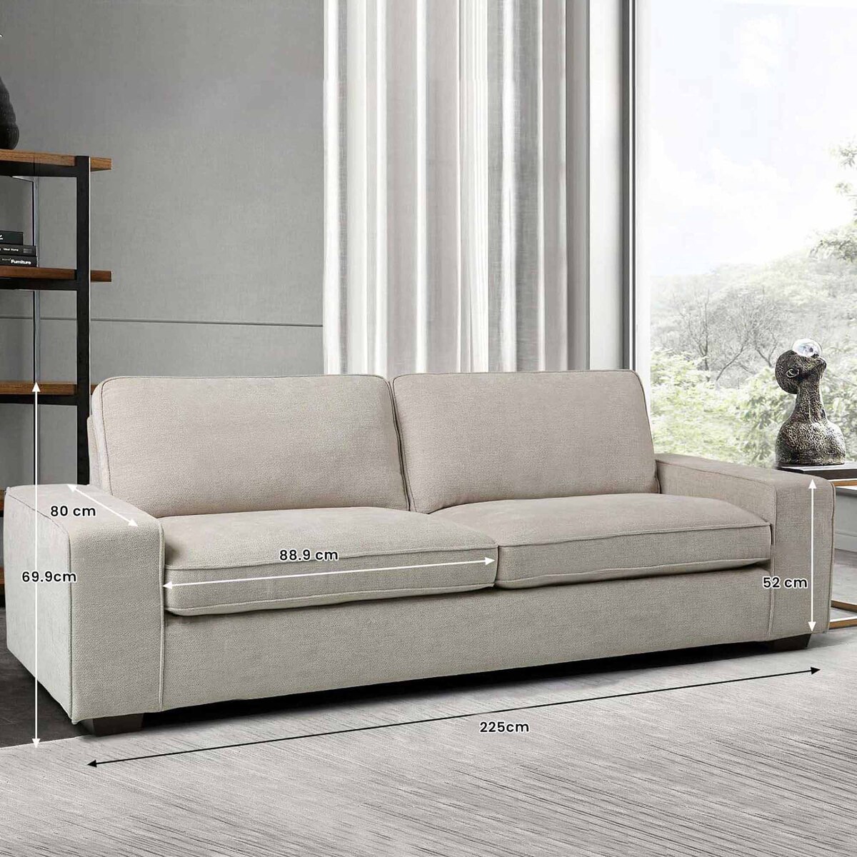 Timeless Grace, Beige 2-Seater Wide Armset Fabric Sofa, Solid woodframe, Comfy for Guest room, Living Room, Bedroom