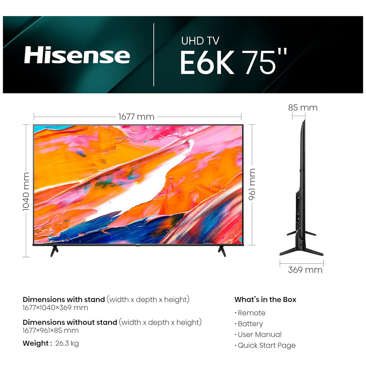 Hisense 75 inches  4K UHD LED Smart TV, Black, 75E6K