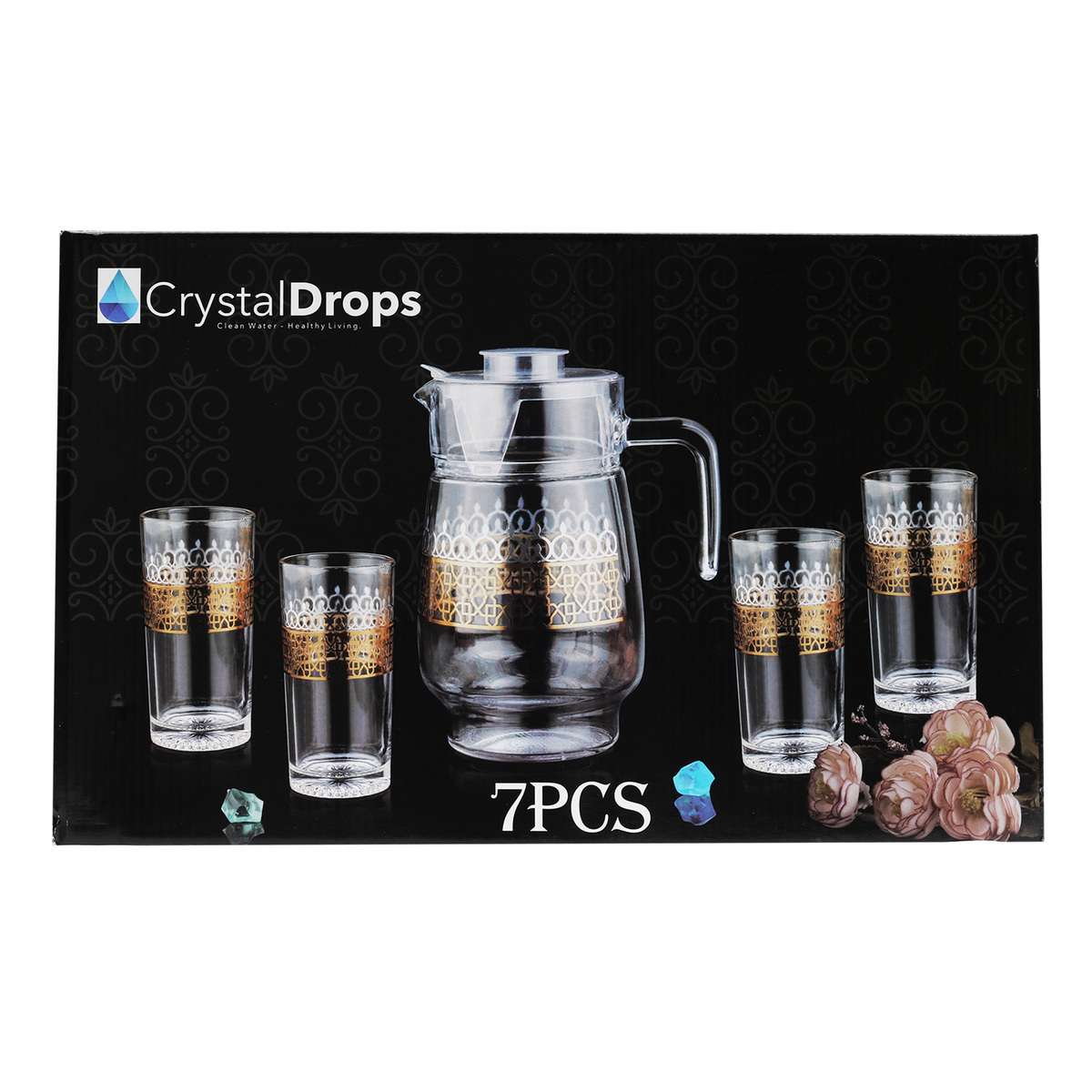 Crystal Drops Jug and Glass Water Set, Golden Design, 7 Pcs, D009-D7