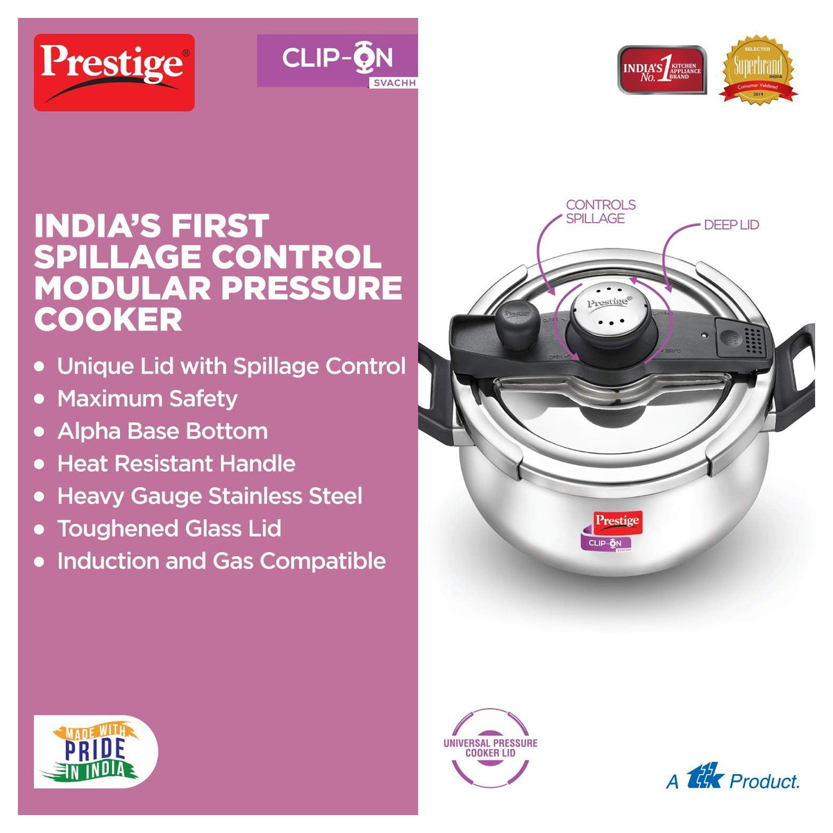 Prestige Stainless Steel Svach Clip-On Pressure Cooker 5Litres MPCH20233