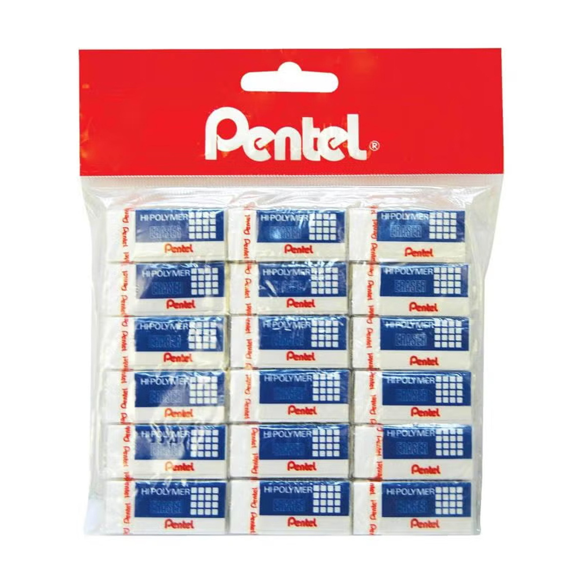 Pentel Hi-Polymer Eraser, 18 Pcs, White/Blue/Red