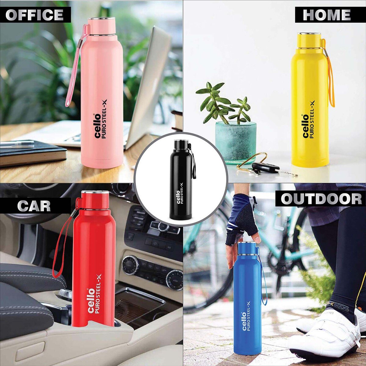 Cello Stainless Steel Water Bottle Puro X-Benz 600ml Assorted Per Pc