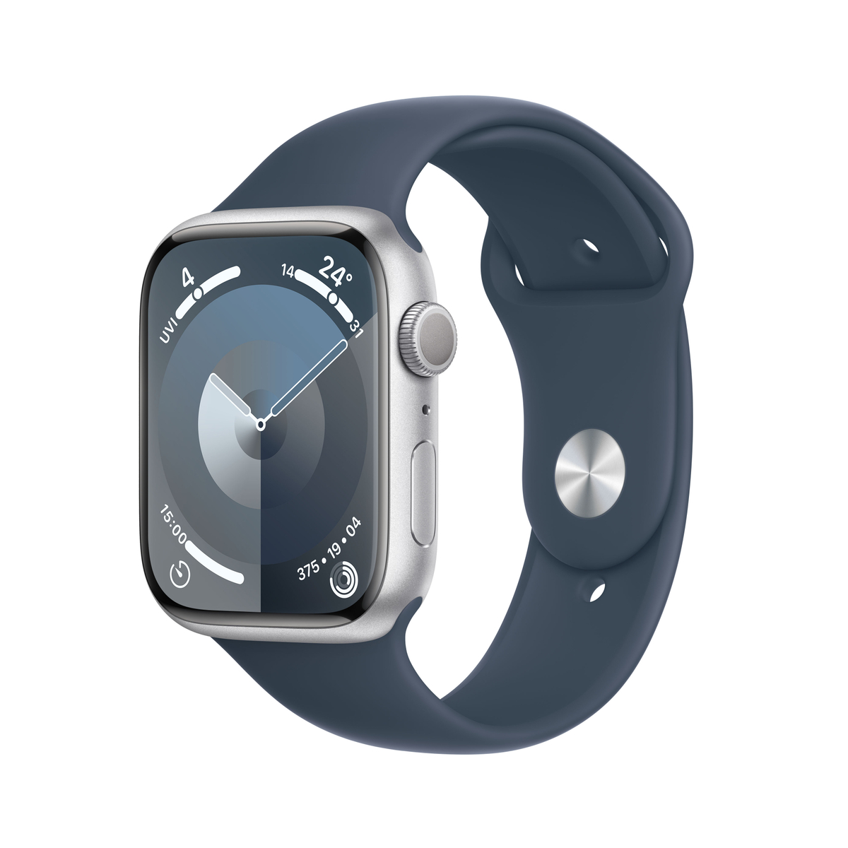 Apple Watch Series 9 GPS, Silver Aluminium Case with Storm Blue Sport Band, 41 mm, M/L, MR913QA/A