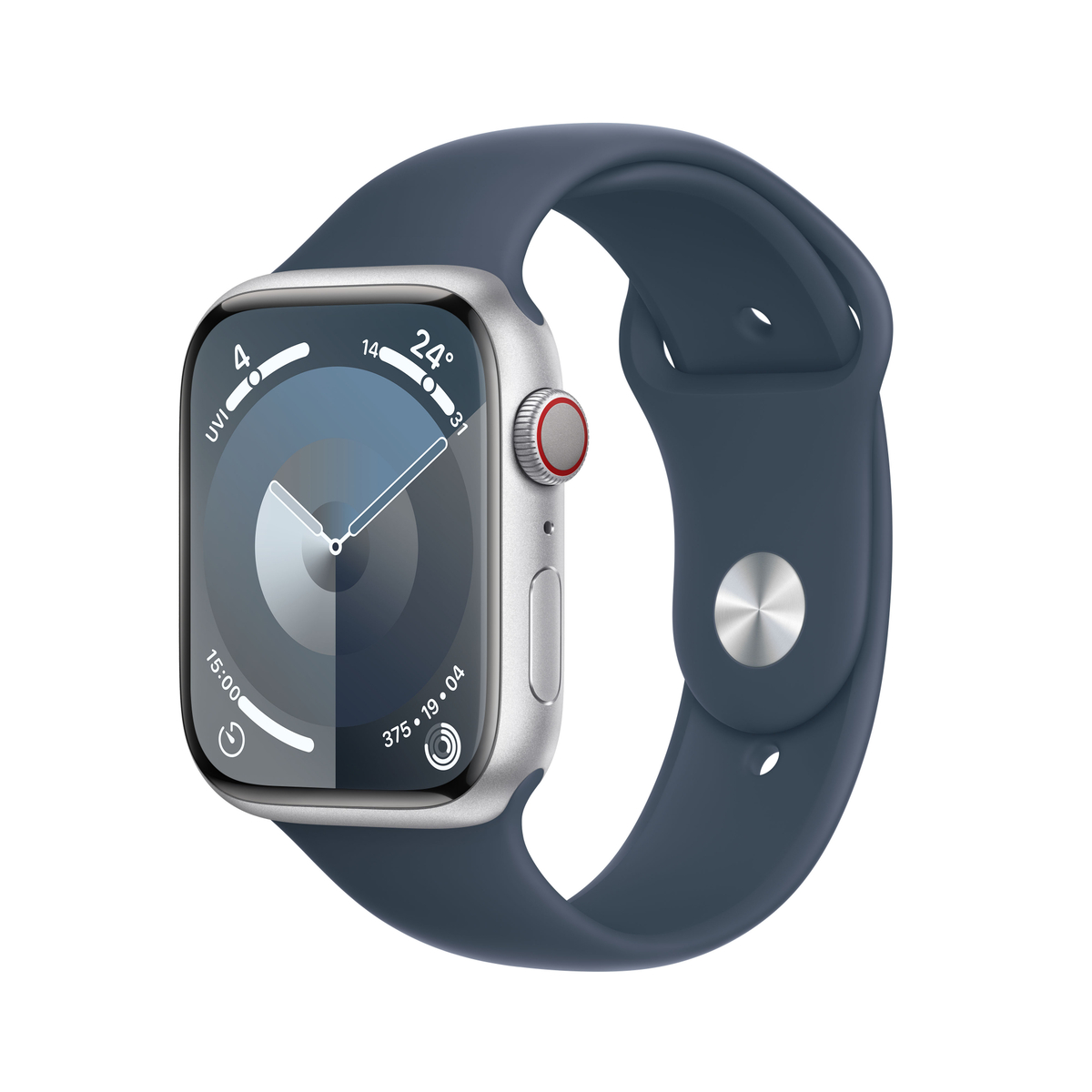 Apple Watch Series 9 GPS + Cellular, Silver Aluminium Case with Storm Blue Sport Band, 45 mm, M/L, MRMH3